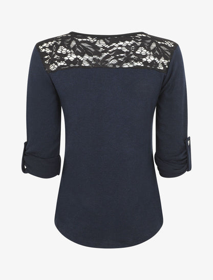Pull droit uni à zip et dentelle - Marine - 2