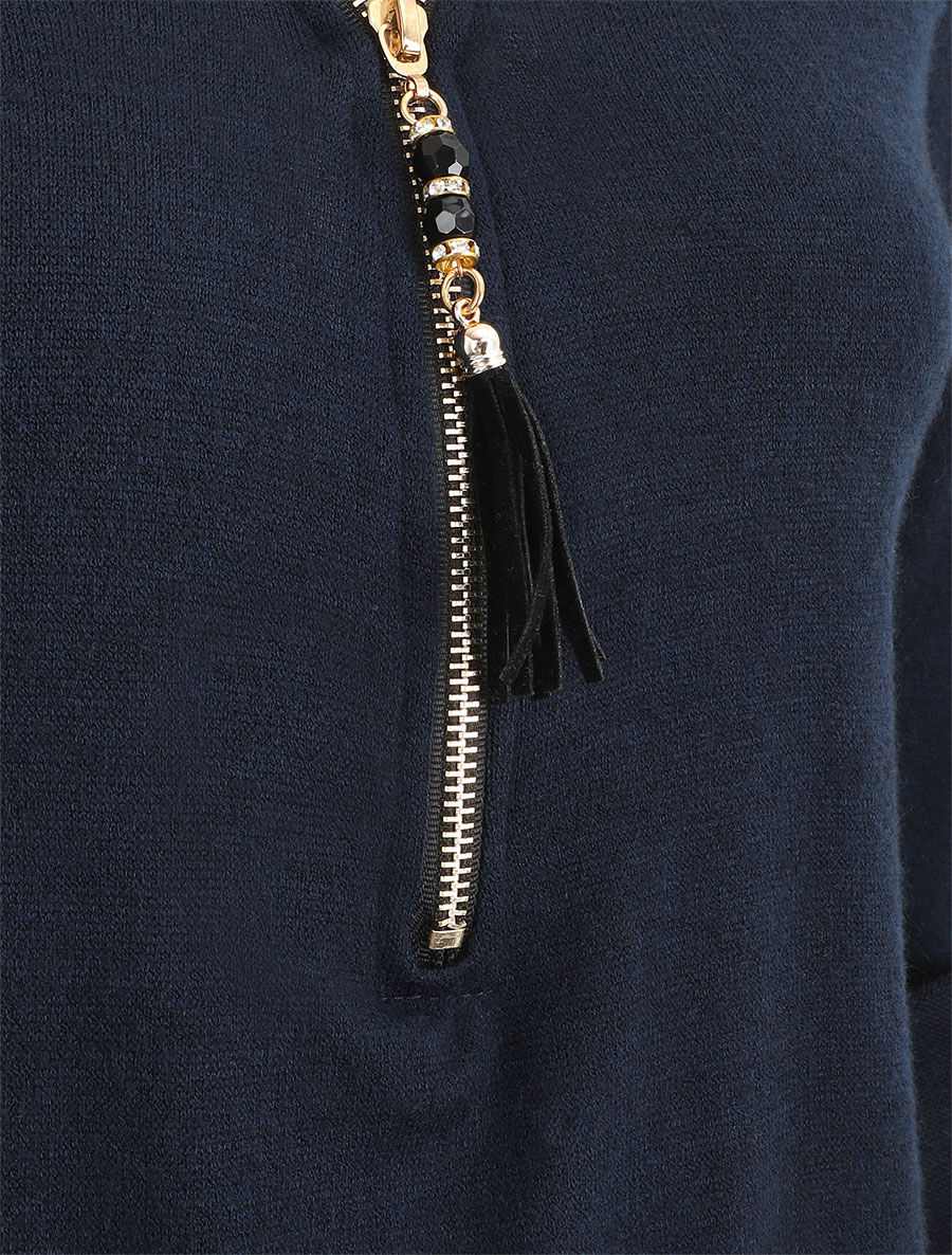 Pull droit uni à zip et dentelle - Marine - 3