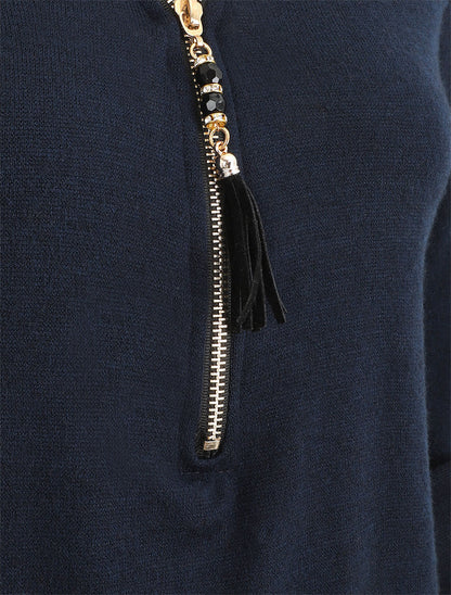 Pull droit uni à zip et dentelle - Marine - 3