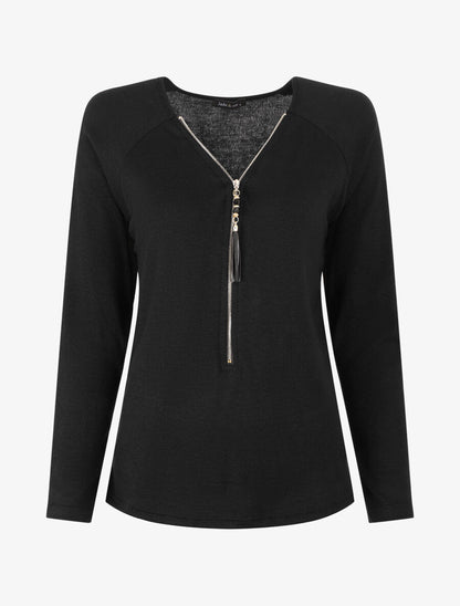Pull fin uni à col zippé - Noir - 1