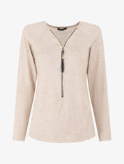 Pull fin uni à col zippé - Beige - 4