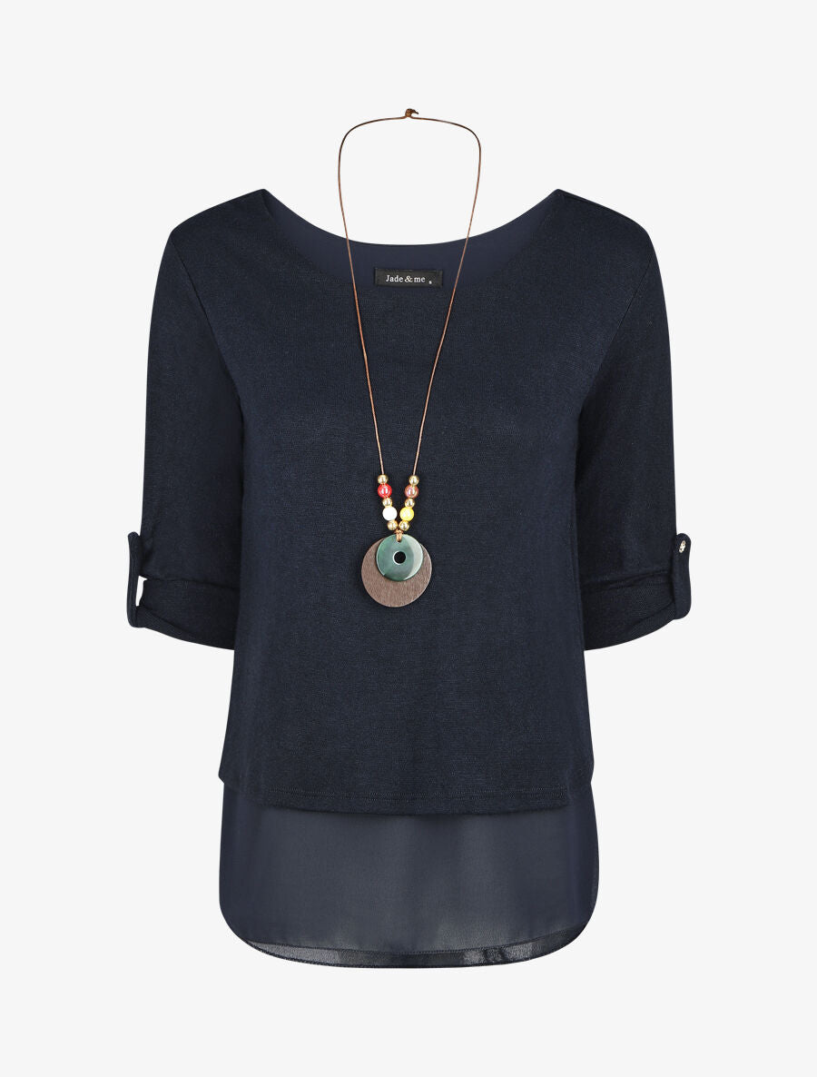 Pull droit uni doublure en voile - Marine - 1