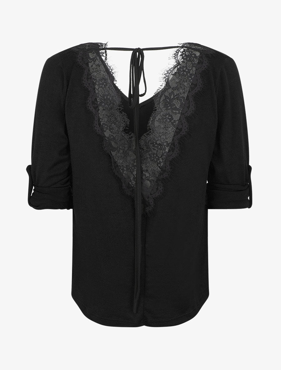 Pull droit dos en V et dentelle - Noir - 2