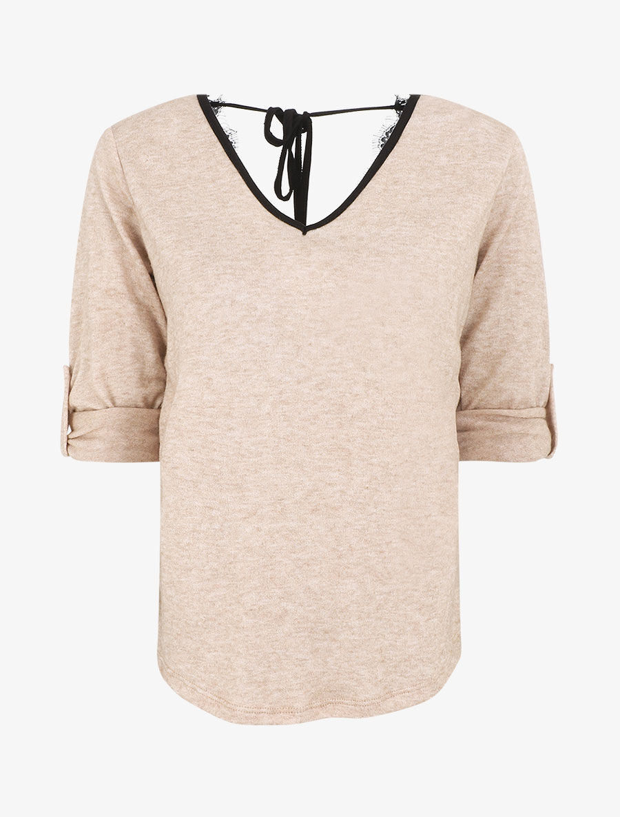 Pull droit dos en V et dentelle - Camel - 1