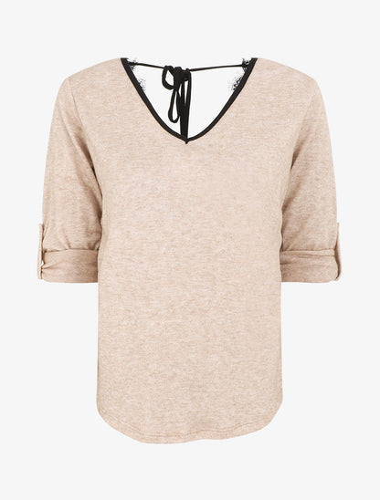 Pull droit dos en V et dentelle - Camel - 1