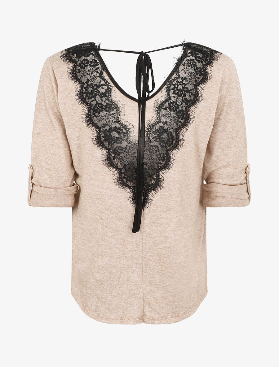 Pull droit dos en V et dentelle - Camel - 2