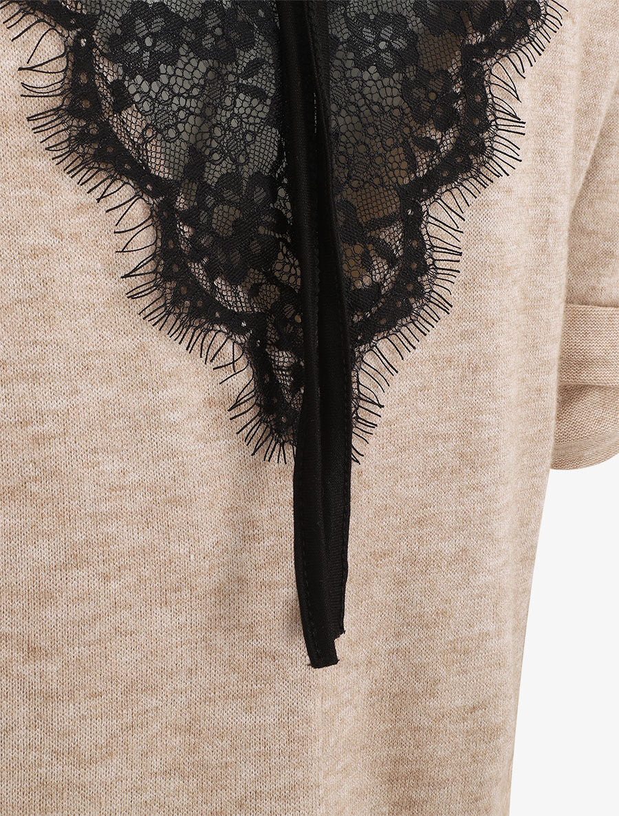 Pull droit dos en V et dentelle - Camel - 3