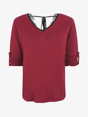 Pull droit dos en V et dentelle - Bordeaux - 1