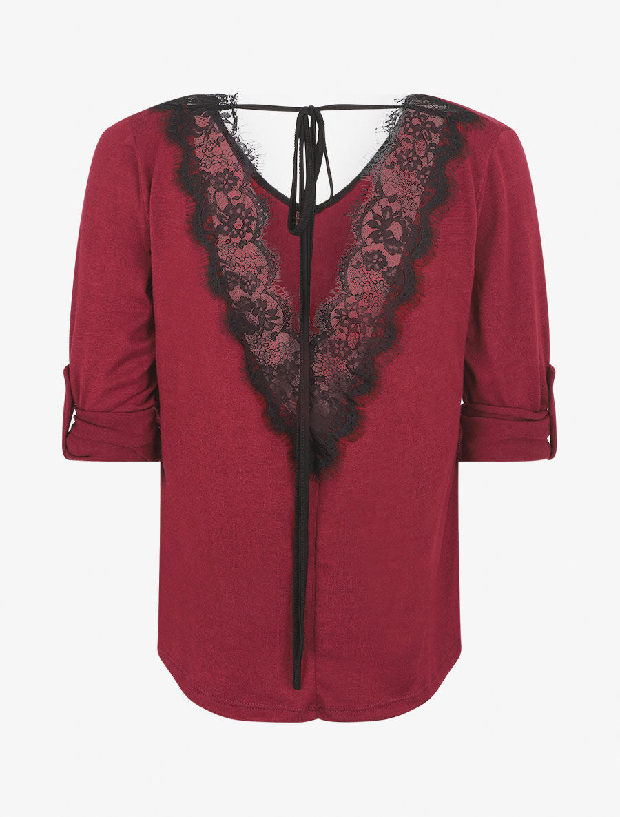 Pull droit dos en V et dentelle - Bordeaux - 2