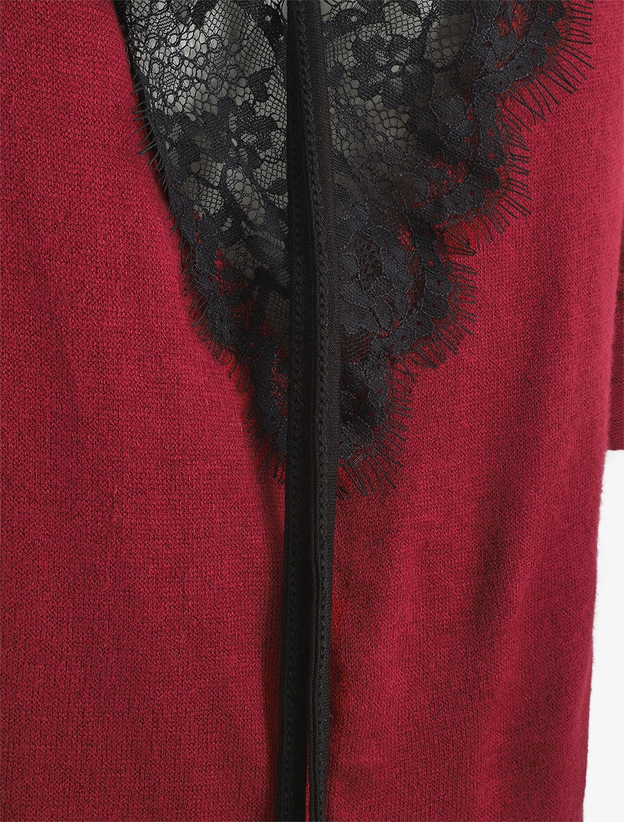 Pull droit dos en V et dentelle - Bordeaux - 3