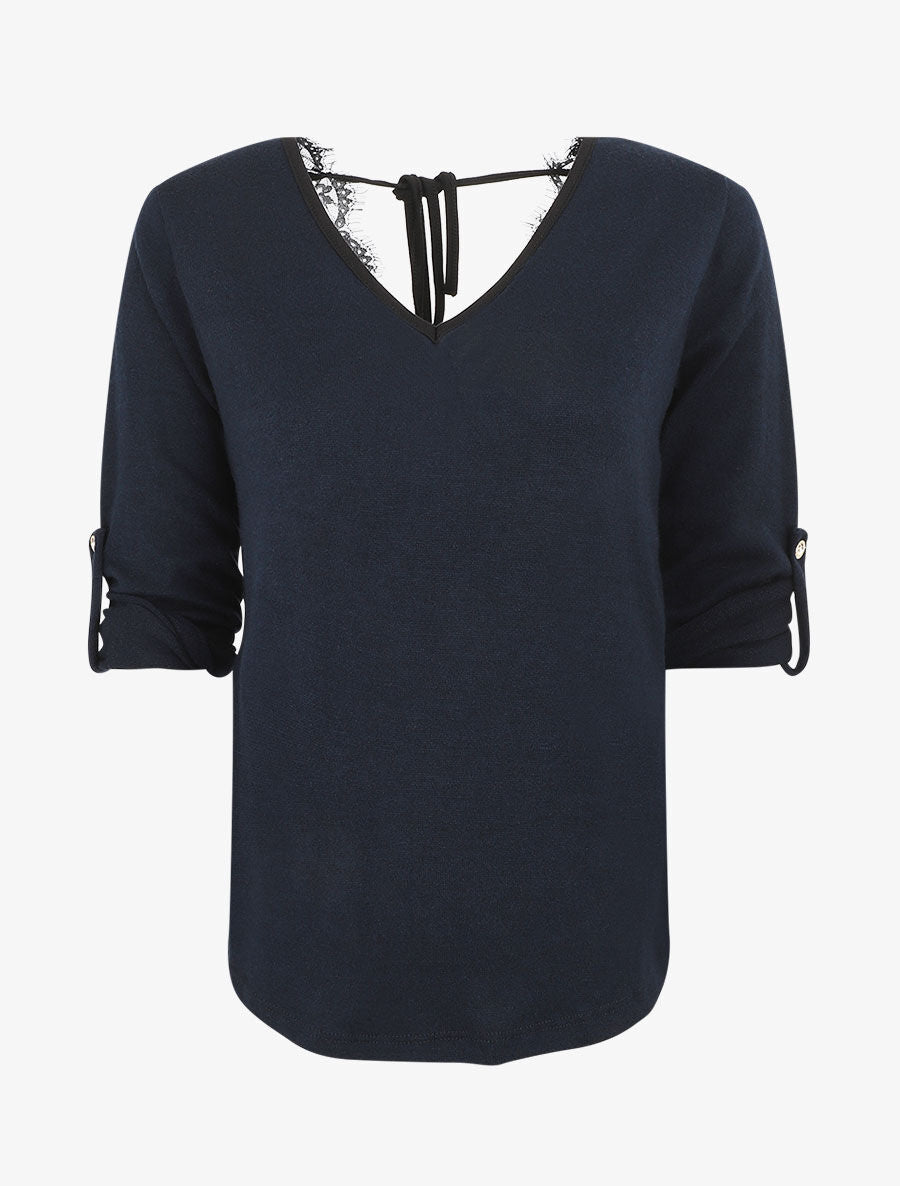 Pull droit dos en V et dentelle - Marine - 1