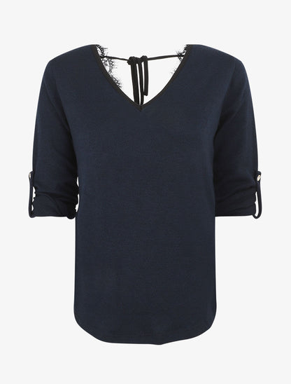 Pull droit dos en V et dentelle - Marine - 1
