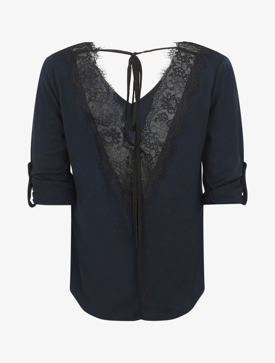 Pull droit dos en V et dentelle - Marine - 2