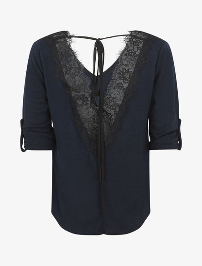 Pull droit dos en V et dentelle - Marine - 2