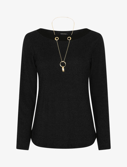Pull fin uni et sautoir - Noir - 1