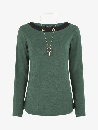 Pull fin uni et sautoir - Vert sapin - 4