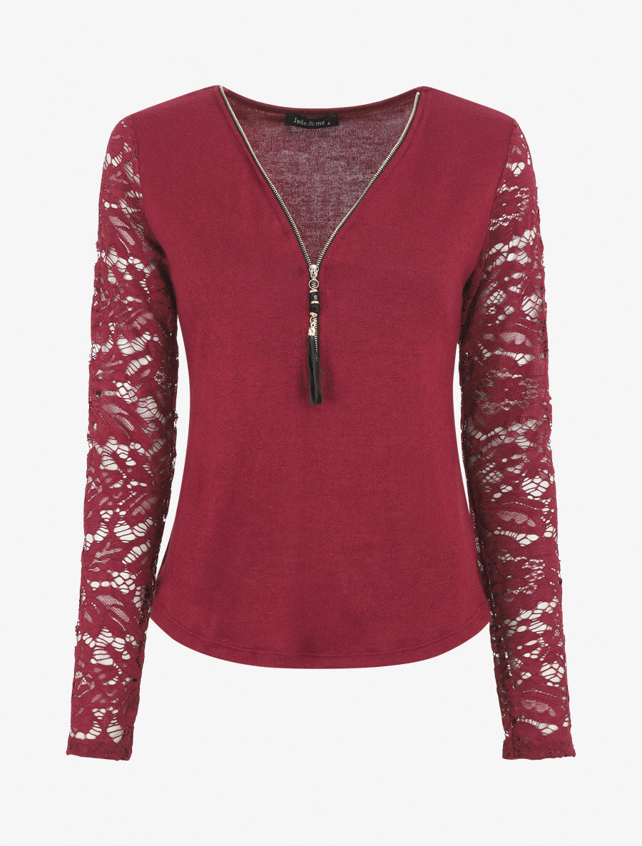 Pull droit uni manches en dentelle - Bordeaux - 1