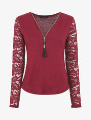 Pull droit uni manches en dentelle - Bordeaux - 1