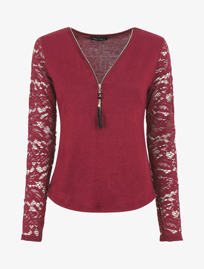 Pull droit uni manches en dentelle - Bordeaux - 1