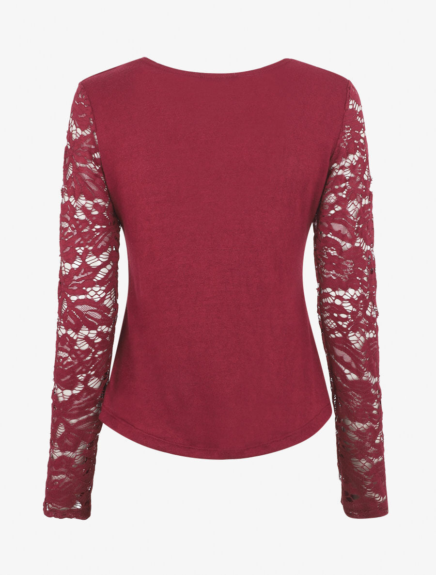 Pull droit uni manches en dentelle - Bordeaux - 2