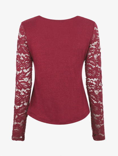Pull droit uni manches en dentelle - Bordeaux - 2