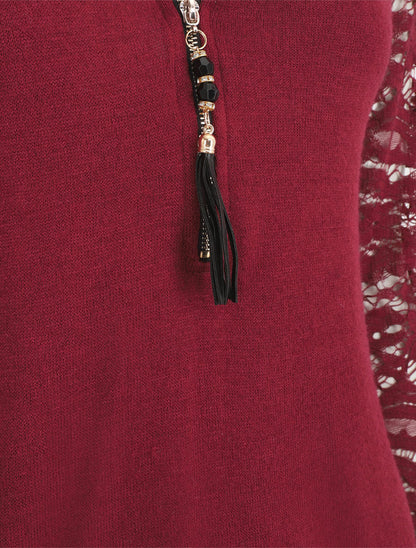 Pull droit uni manches en dentelle - Bordeaux - 3