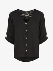 Top droit col V boutonné et dentelle - Noir - 1