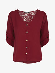 Top droit col V boutonné et dentelle - Bordeaux - 6