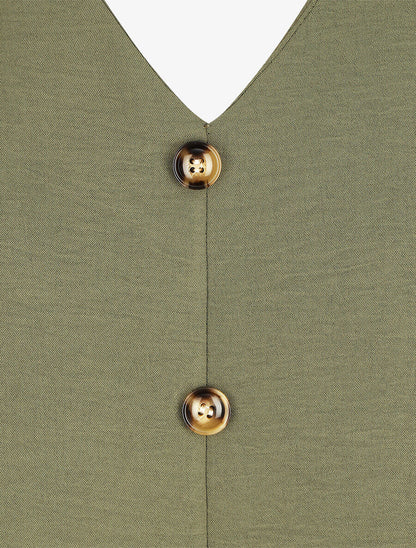 Top droit col V boutonné et dentelle - Kaki - 3