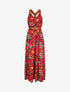 Robe longue coupe patineuse imprimé fleurs tropicales à bretelles en simili - Noir - 1