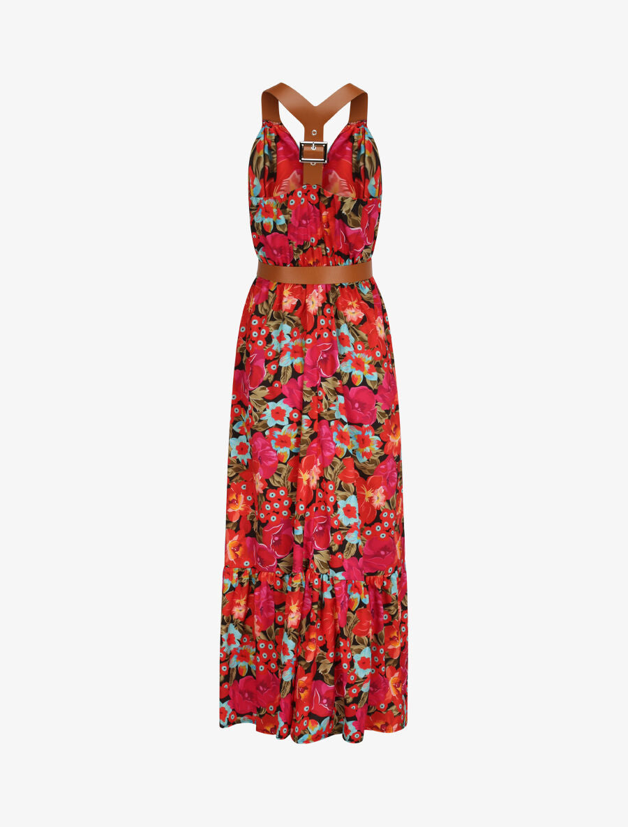 Robe longue coupe patineuse imprimé fleurs tropicales à bretelles en simili - Noir - 2