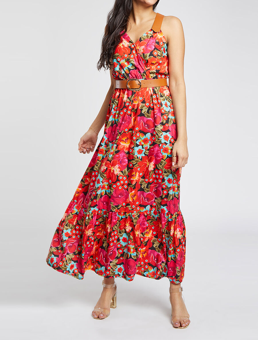 Robe longue coupe patineuse imprimé fleurs tropicales à bretelles en simili - Noir - 5