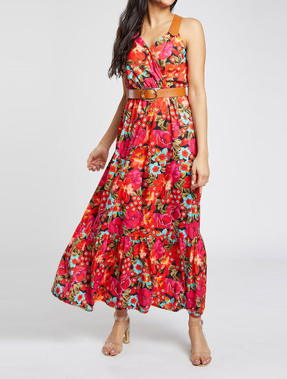 Robe longue coupe patineuse imprimé fleurs tropicales à bretelles en simili - Noir - 5