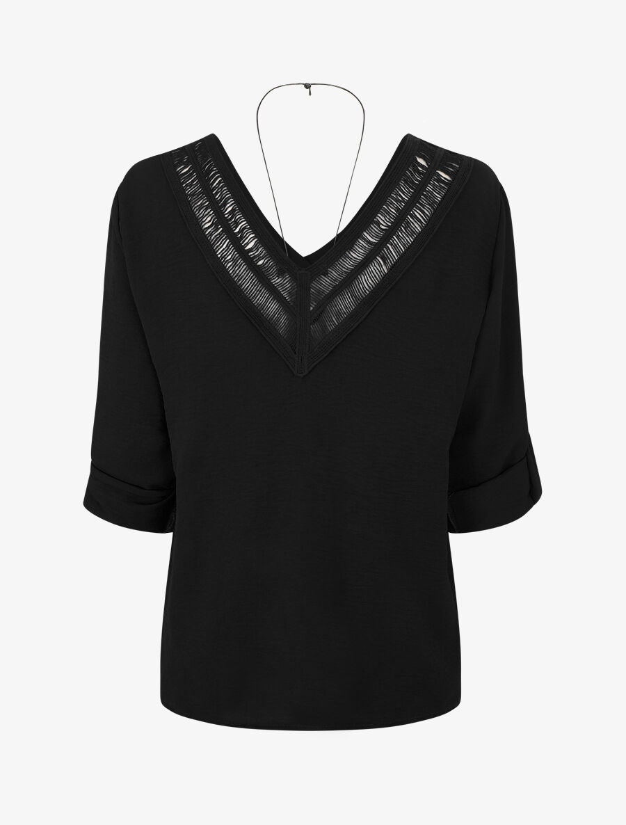 Blouse uni à dos ajouré - Noir - 2
