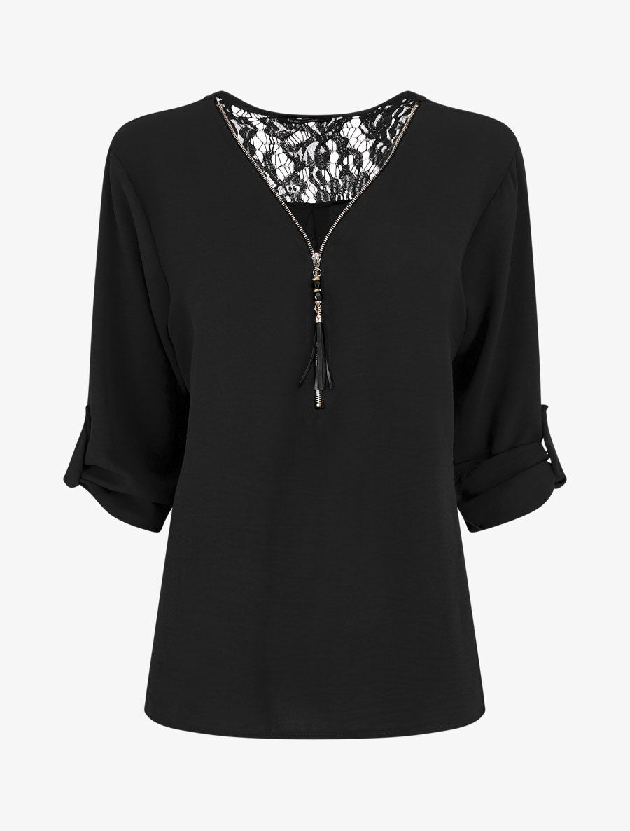 Top droit uni à zip et dentelle - Noir - 4