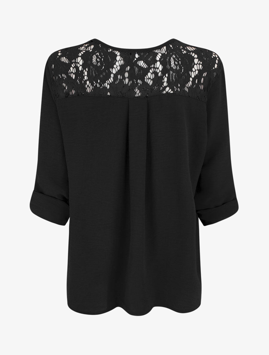 Top droit uni à zip et dentelle - Noir - 2