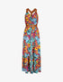 Robe longue coupe patineuse imprimé fleurs tropicales à bretelles en simili - Bleu canard - 1