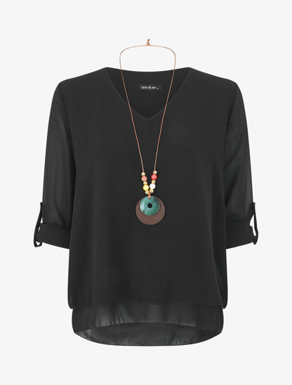 Blouse en voile à manches retroussables - Noir - 1