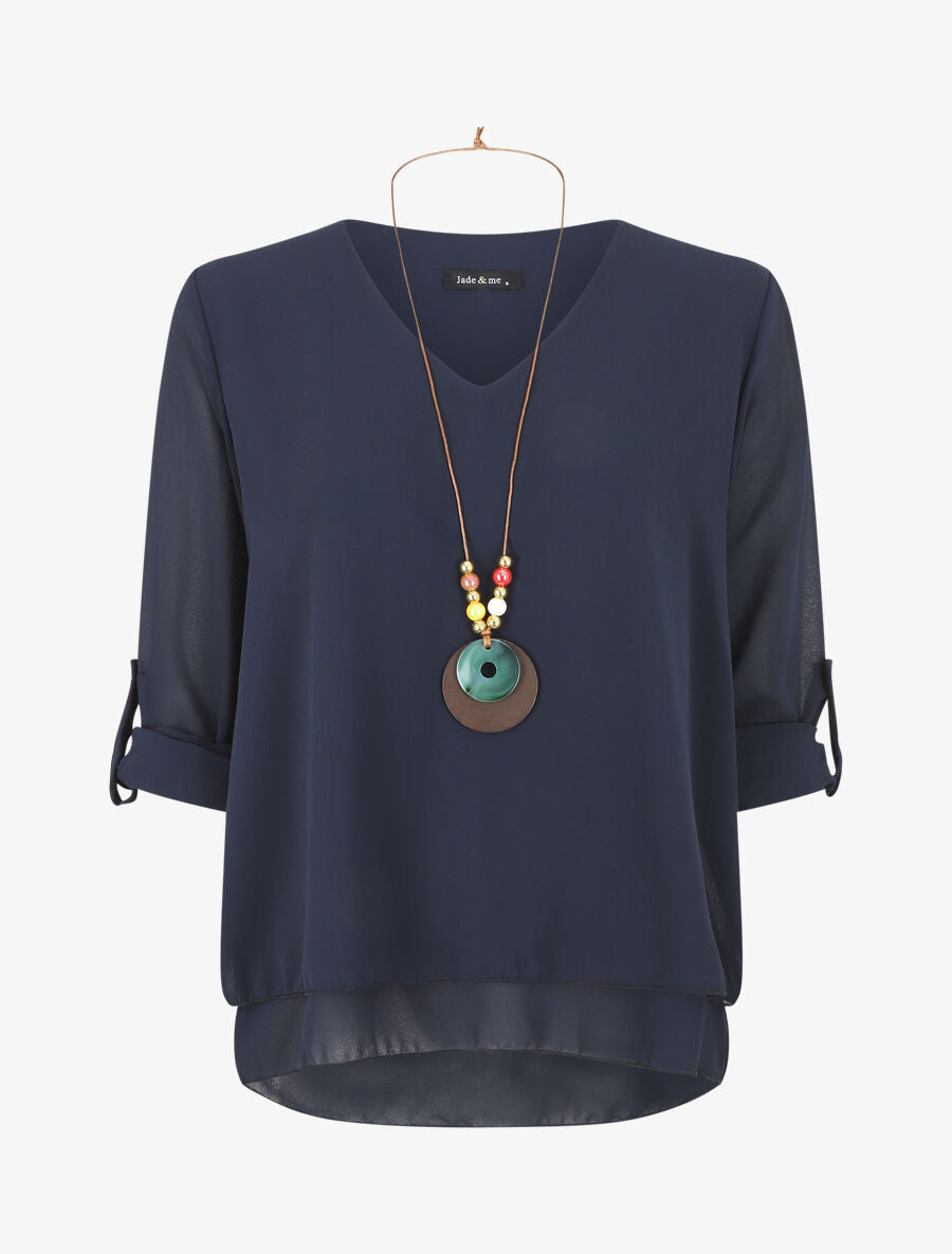 Blouse en voile à manches retroussables - Marine - 4