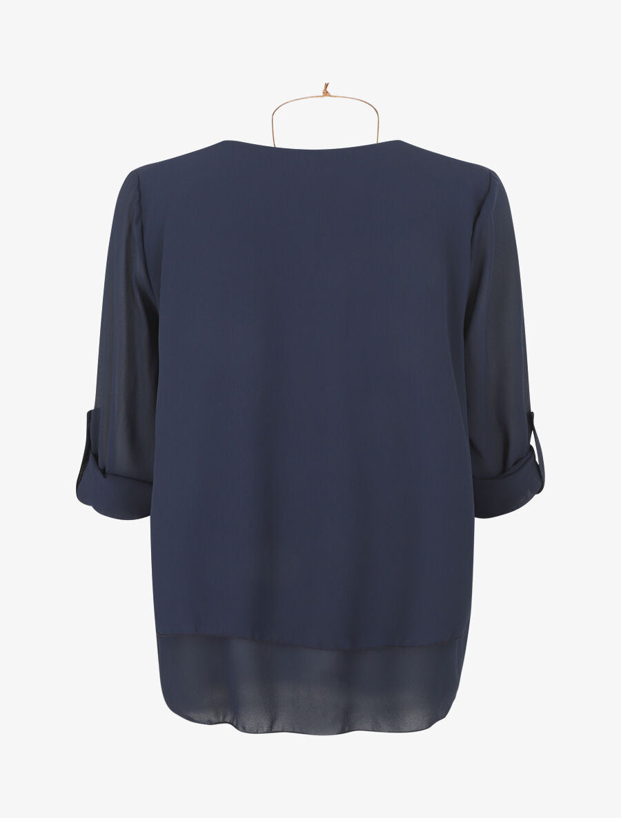 Blouse en voile à manches retroussables - Marine - 2