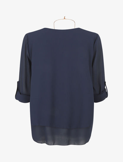 Blouse en voile à manches retroussables - Marine - 2