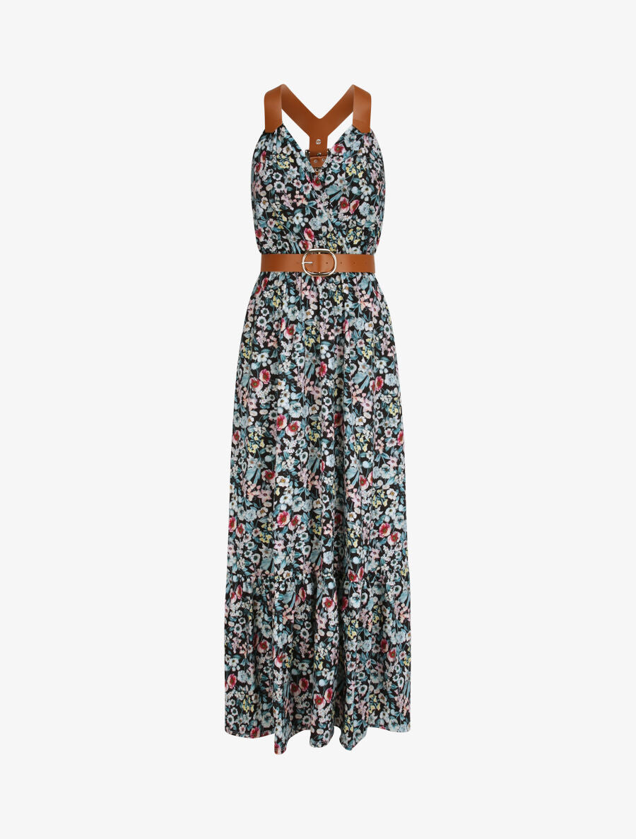 Robe longue coupe patineuse imprimé petites fleurs à bretelles en simili - Noir - 1