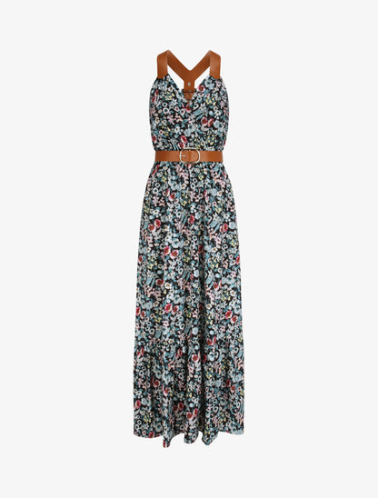Robe longue coupe patineuse imprimé petites fleurs à bretelles en simili - Noir - 1