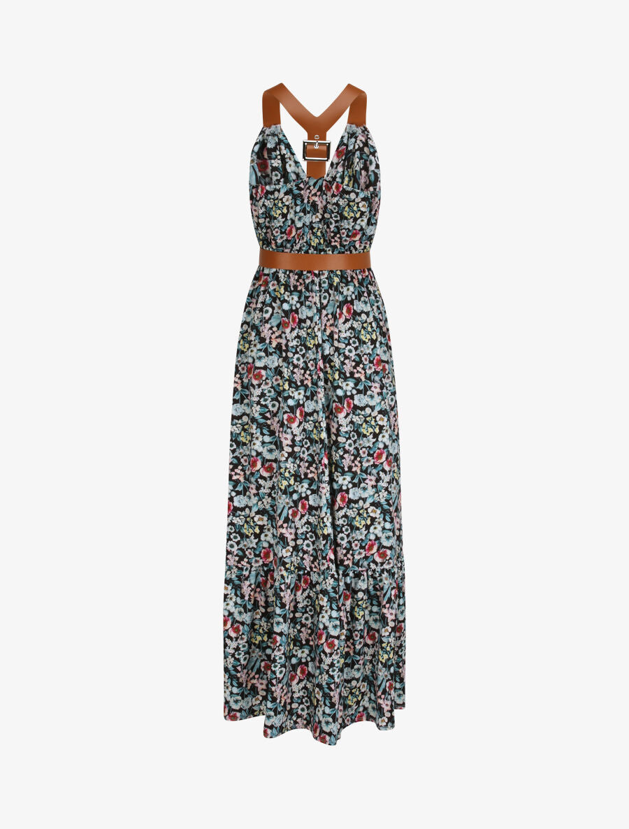 Robe longue coupe patineuse imprimé petites fleurs à bretelles en simili - Noir - 2