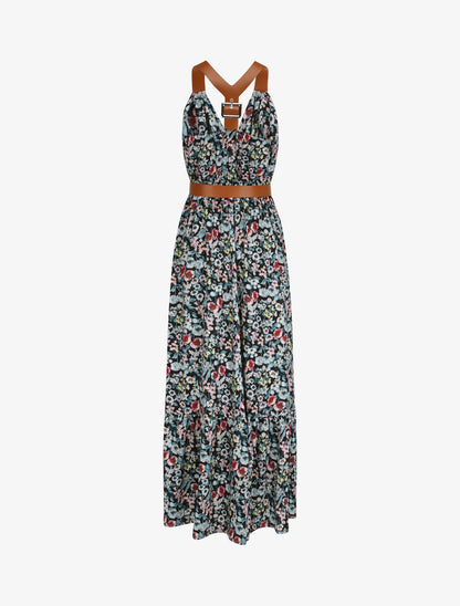 Robe longue coupe patineuse imprimé petites fleurs à bretelles en simili - Noir - 2