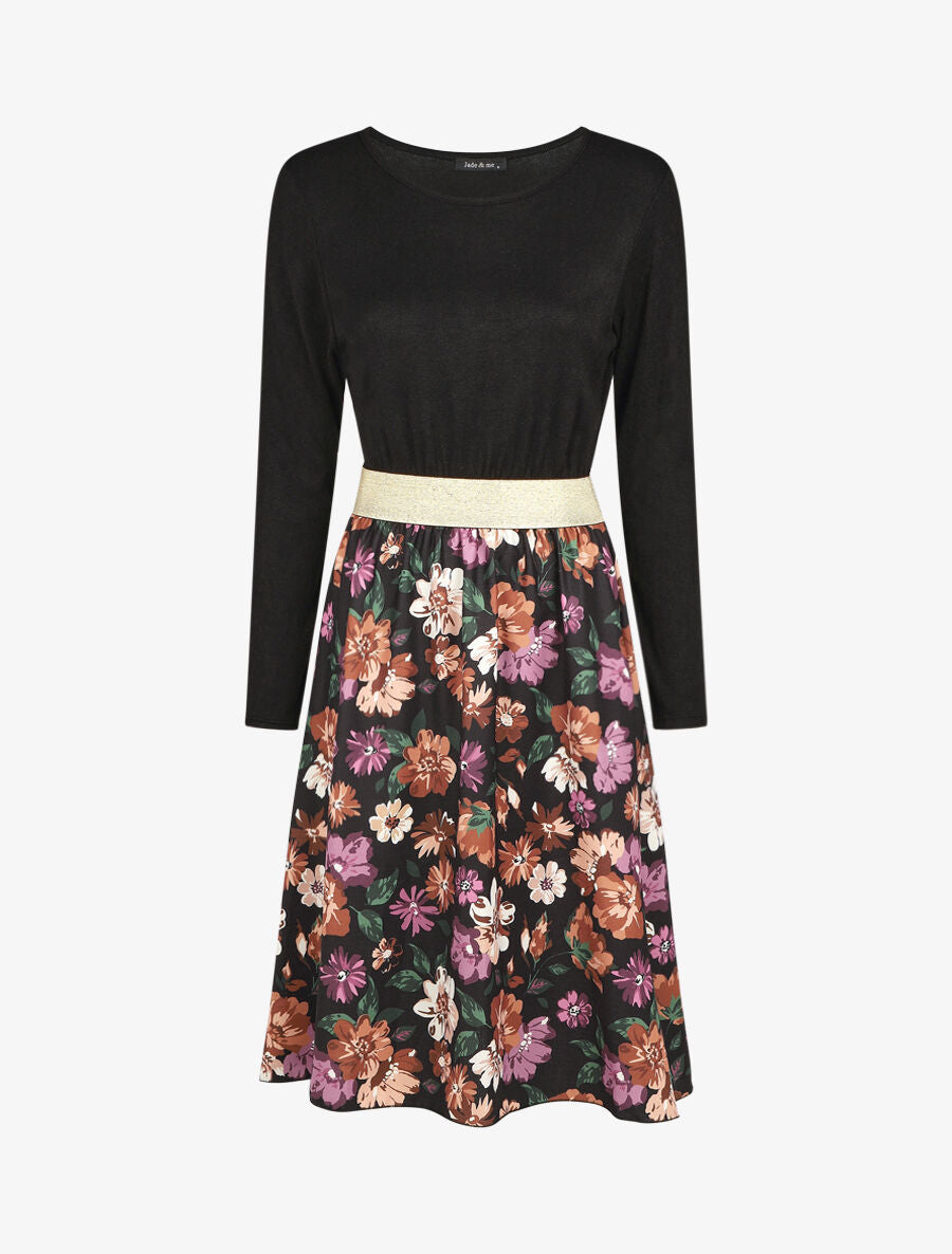 Robe évasée bi-matière imprimé champêtre - Noir - 1
