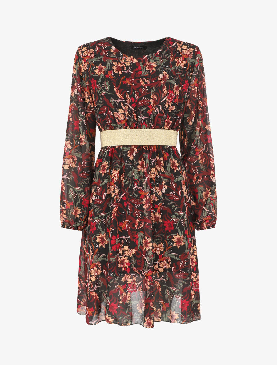 Robe imprimé fleuri à bande dorée - Noir - 1
