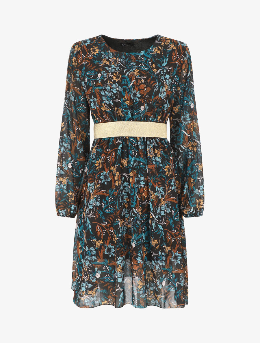 Robe imprimé fleuri à bande dorée - Marine - 1