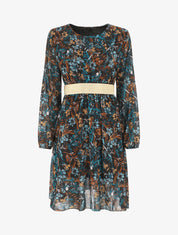 Robe imprimé fleuri à bande dorée - Marine - 1