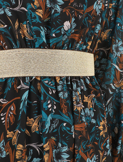 Robe imprimé fleuri à bande dorée - Marine - 3